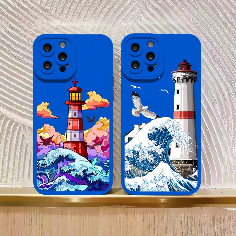 Blue Wave Phone Case For iphone 14 12 11 13 Pro Max Lighthouse Illustration Cover For Fundas iphone X XR XS 7 8 Plus SE2 Shells