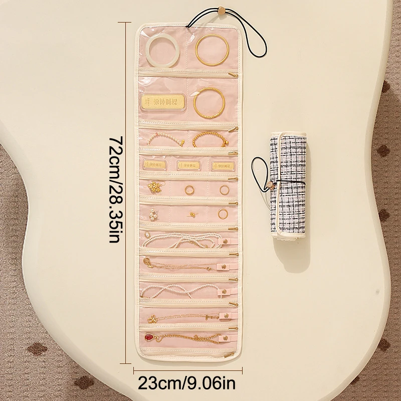 20 شبكة قابلة للطي حقيبة مجوهرات محمولة أنيقة كبيرة للنساء للسفر مجوهرات لفة قلادة حلق خاتم تخزين عرض المجوهرات
