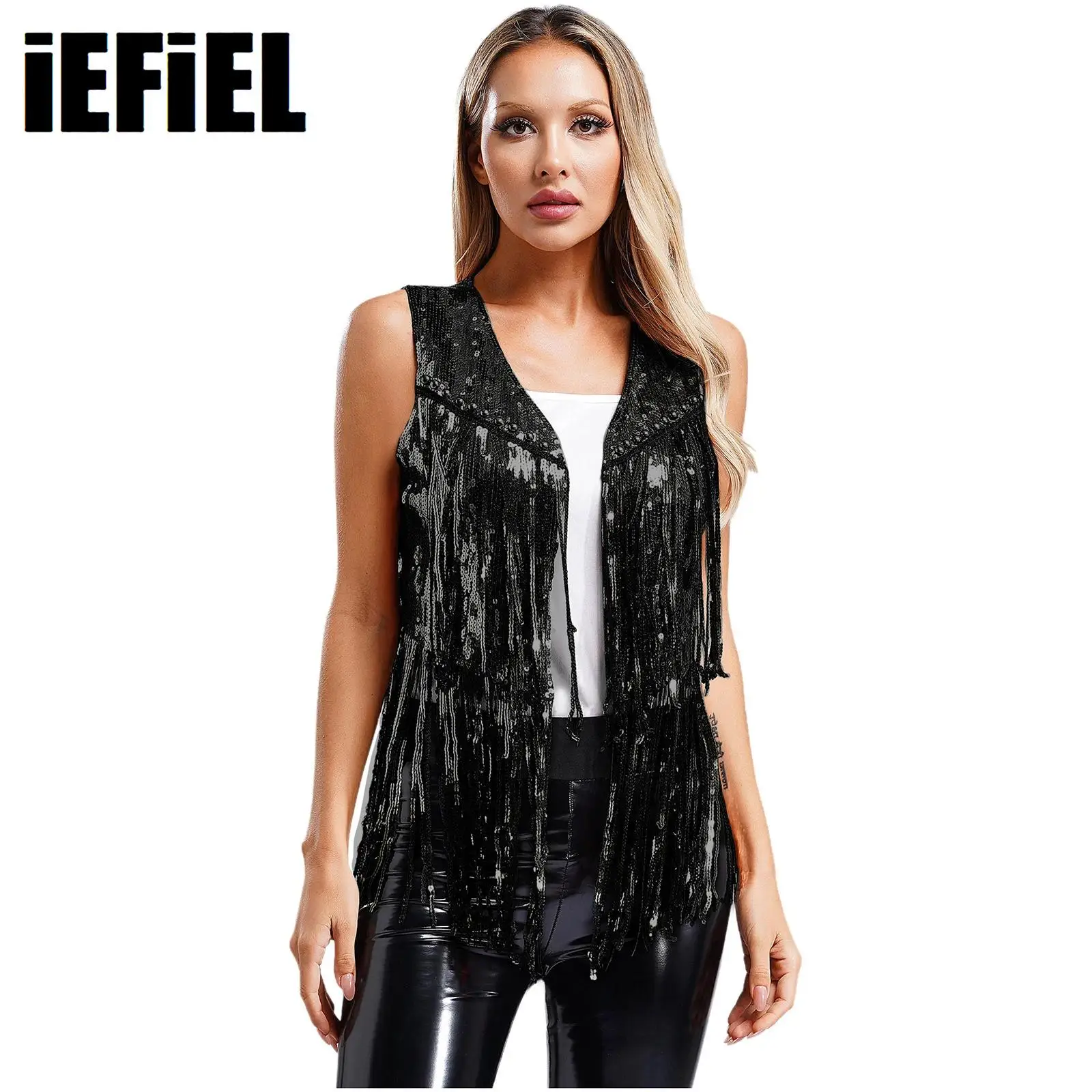 

Womens Stylish Sequin Cowgirl Waistcoat Bolero Open Front Tassel Rivets Sleeveless Vest Cardigan for 70s Disco Club Party