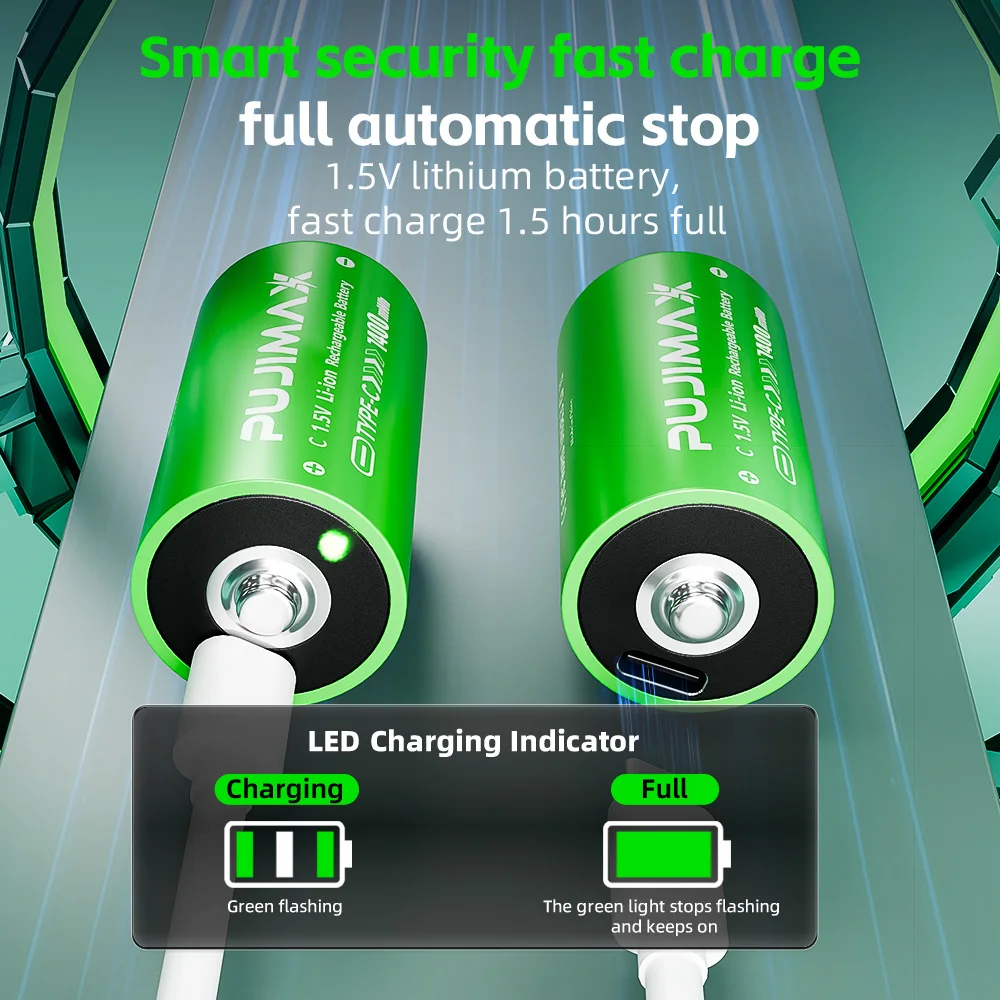 Akumulatory PUJIMAX typu C, rozmiar C, 1,5 V, 7400 mWh, ładowane przez USB-C, o wysokiej wydajności energetycznej, do latarki, wideo, kuchenki gazowej, podgrzewacza wody. — zdjęcie produktu 2