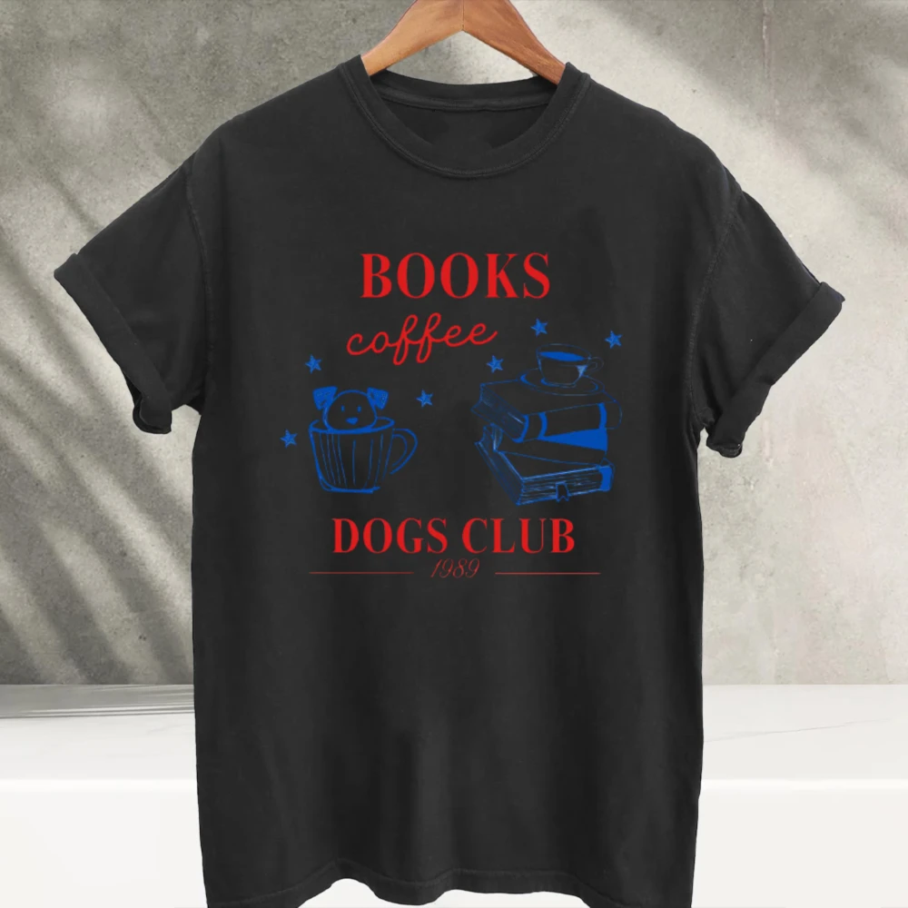 Books Coffee Dogs Club Graphic Cotton T-Shirt Men Dog Lover Bookworm Vintage Letter Print Short Sleeve Casual Cotton Tee Shirts