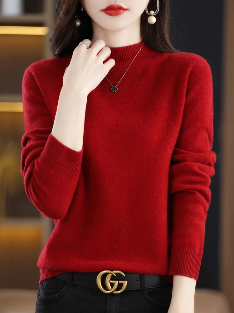 

Fashion 100% Merino Wool Sweater Women's Mock-Neck Knitwear Cashmere Pullovers Autumn Winter Long Sleeve Jumpers Clothing Tops