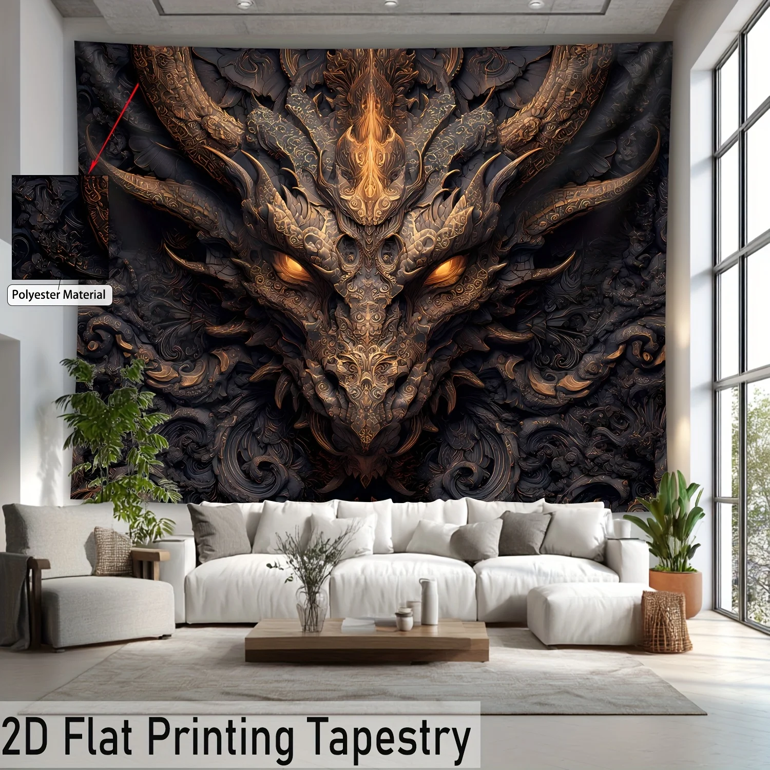VIKAMA Dark Metal Wind Carving Dragon Tapestry Black Gold Retro Dragon Pattern Printed Hanging Cloth Room Decoration