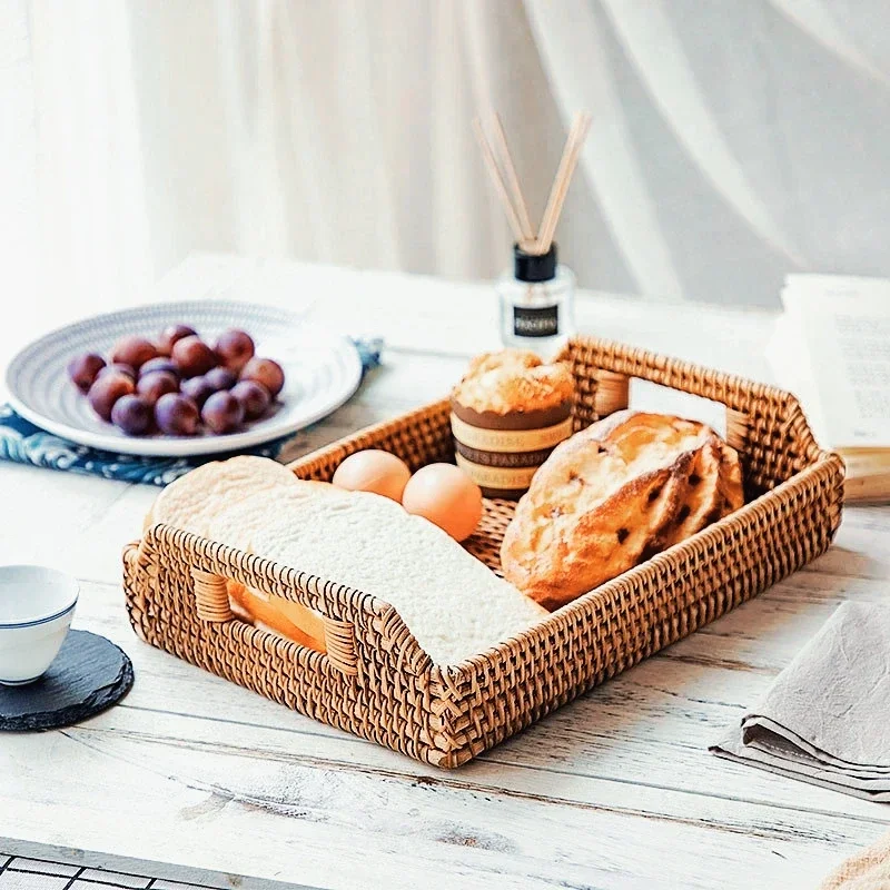 

Hand-Woven Rattan Storage Basket, Round Tray with Handle, Tea Fruit Display Case, Afternoon Tea Food Serving Tray