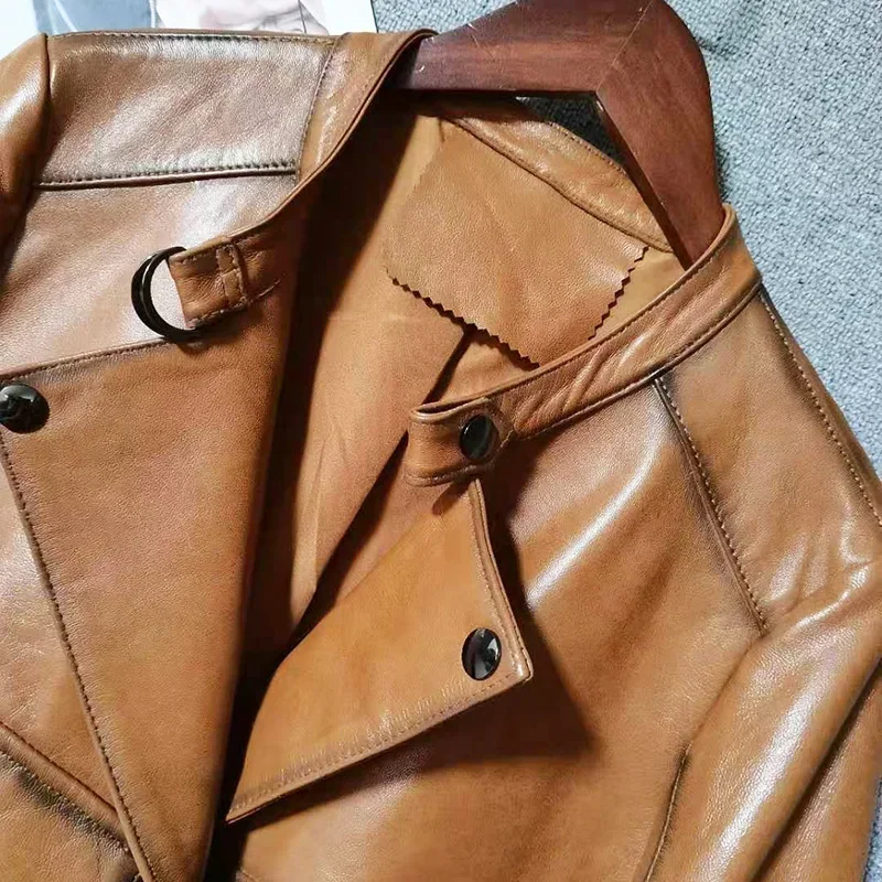 Tajiyane Top 2021 Frühjahr Neue Kurze Jacke frauen Stehen Kragen Retro Alten Schaffell Motorrad Jacke Reine Jacke FCY131