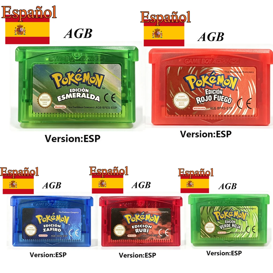 5 styles España GBA Game Pokémon Series 32 Bit Video Game Cartridge Console Card Pokémon Emerald FireRed Ruby LeafGreen Sapphire