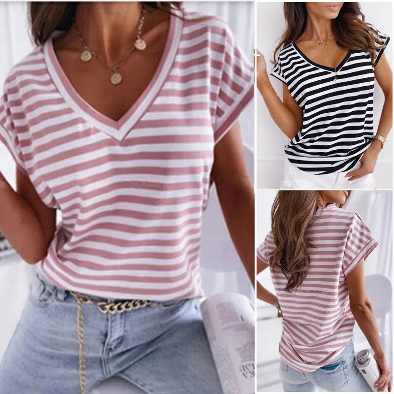 Striped T-Shirts Women Summer Tees Y2k Tops Elegant Sexy Party Night Streetwear Cute Club Tees Tank Top Chain Camis Cute