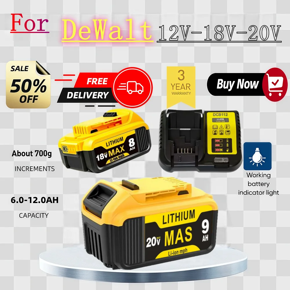 

For Dewei 12-18-20V new lithium-ion battery for power tools+charger with LED indicator compatible with DCB201 DCB200 DCB204 etc
