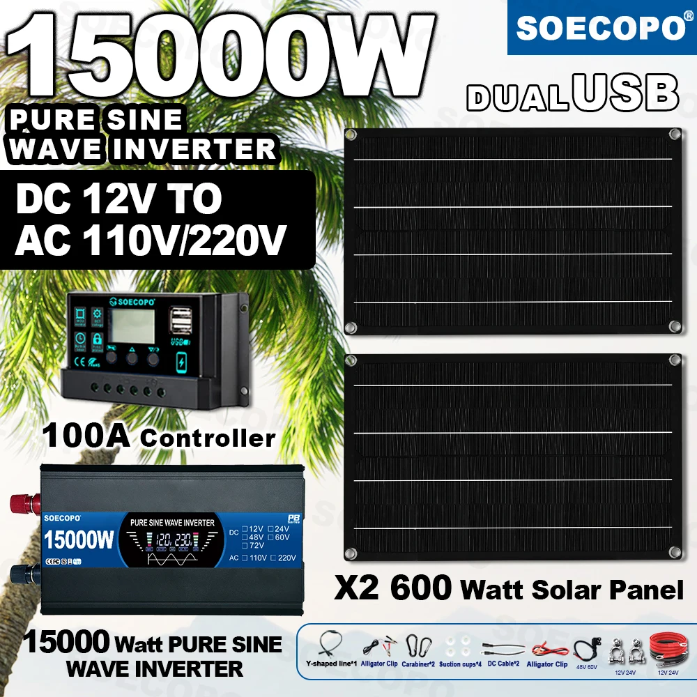 

SOECOPO 15000W Solar System Kit - Pure Sine Inverter 12V To 110V 220V 2*600W Panels and 100A Controller for Home Balcony Power