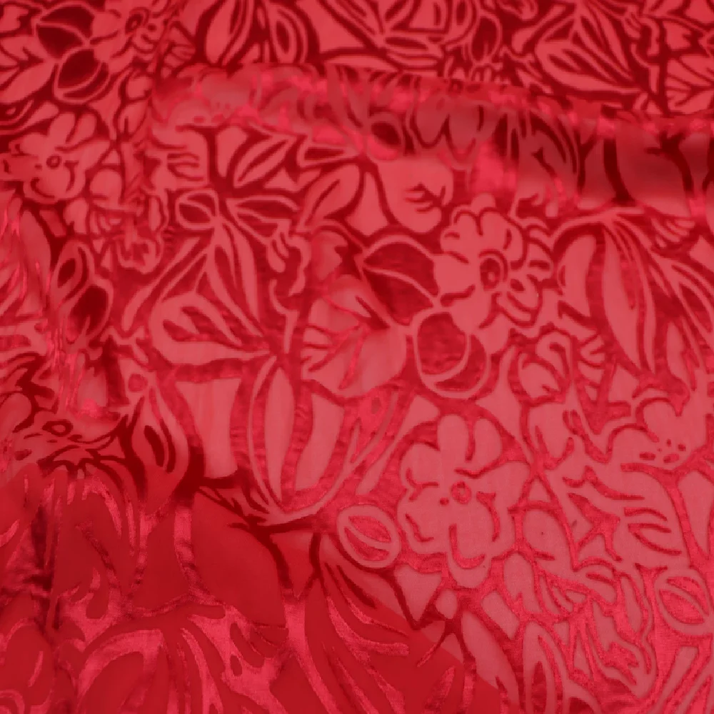 Vintage Plain Dyed Red Color Flower Amazing Opal Silk Burn Out Fabric for Female Festival Holiday Weddding Dress Costume