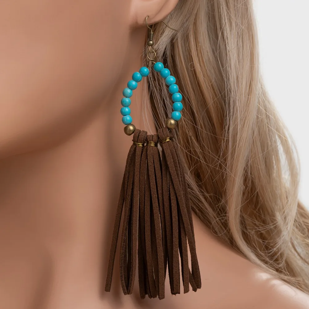Bohemian Ethnic Style Gold Hoop Western Cow Skull Turquoise Bead Velvet Tassel Dangle Earrings for Women Cowboy Concert Jewelry
