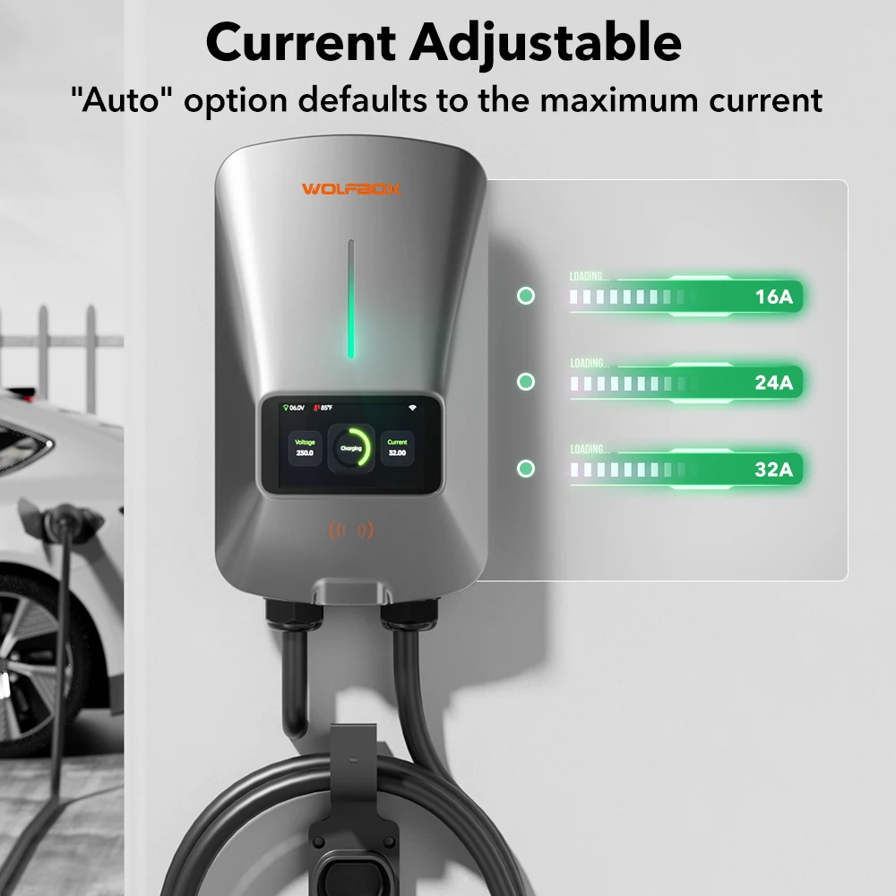 WOLFBOX EV Charging Station Type 2 7KW 32A 1 Phase Electric Vehicle Car Charger Wallbox with LCD Screen APP Control RFID Card