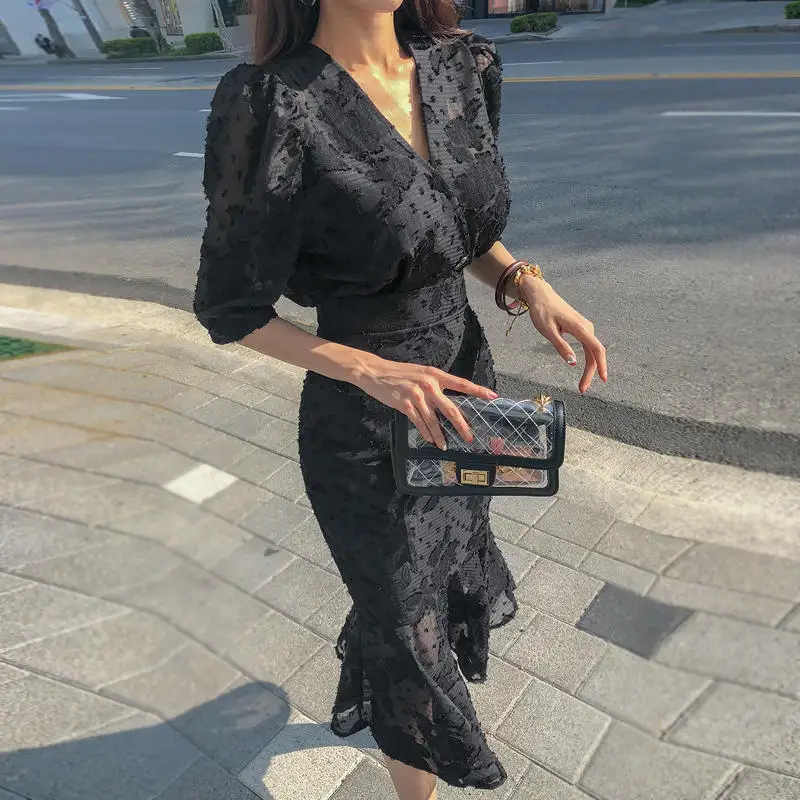 تنورة Fall V-ne Fi-tail Dr Bla للتخسيس عالية الخصر كورية Sle للسيدات تنورة متوسطة الطول تشبه سيدة أنيقة