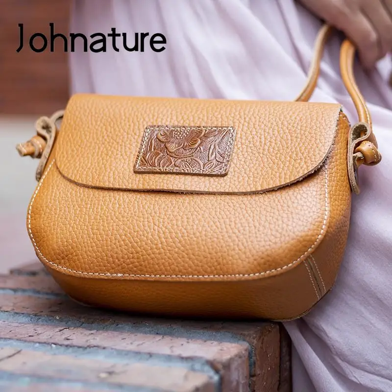 Johnature Genuine Leather Retro Women Bag 2024 New Versatile Natural Real Cowhide Solid Color Simple Shoulder & Crossbody Bags