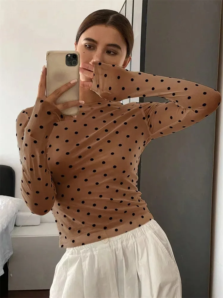 Mesh Long Sleeves T-shirt For Women Dot Printed Round Neck Spring Autumn New Sexy See Through Slim Fit Top Y2k Cutecore Clothes