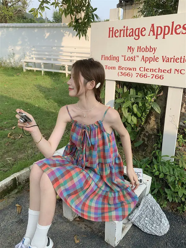 2023 New Summer Lively Patchwork Multicolor Sleeveless Slip Dress Femme Sweet Bow Plaid Loose Thin A-line Skirt Women Clothing