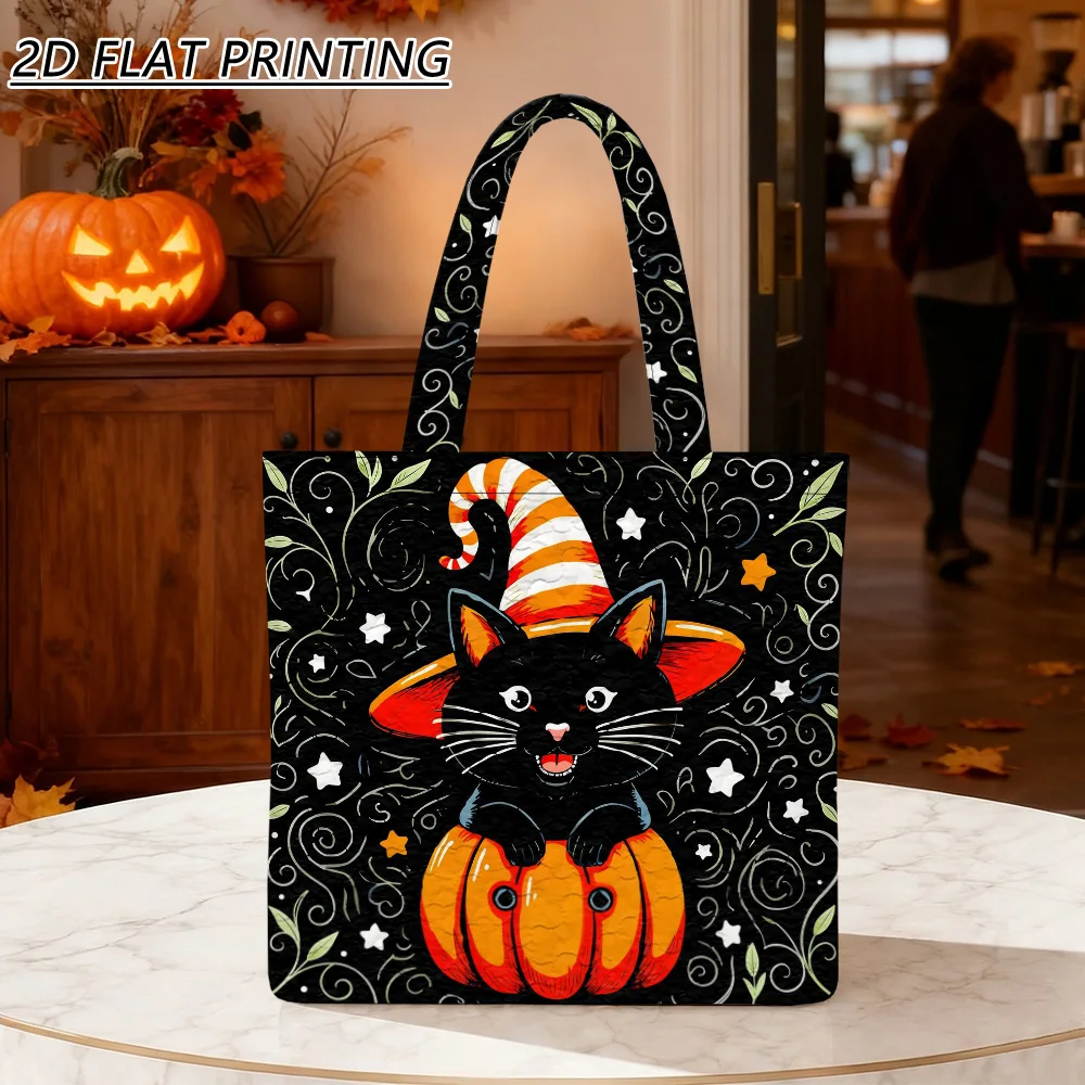 1pc black cat in pumpkin Quilted Women'S Shoulder Bag, Reusable Washable Handbag, Craft For Beach Commuting And
