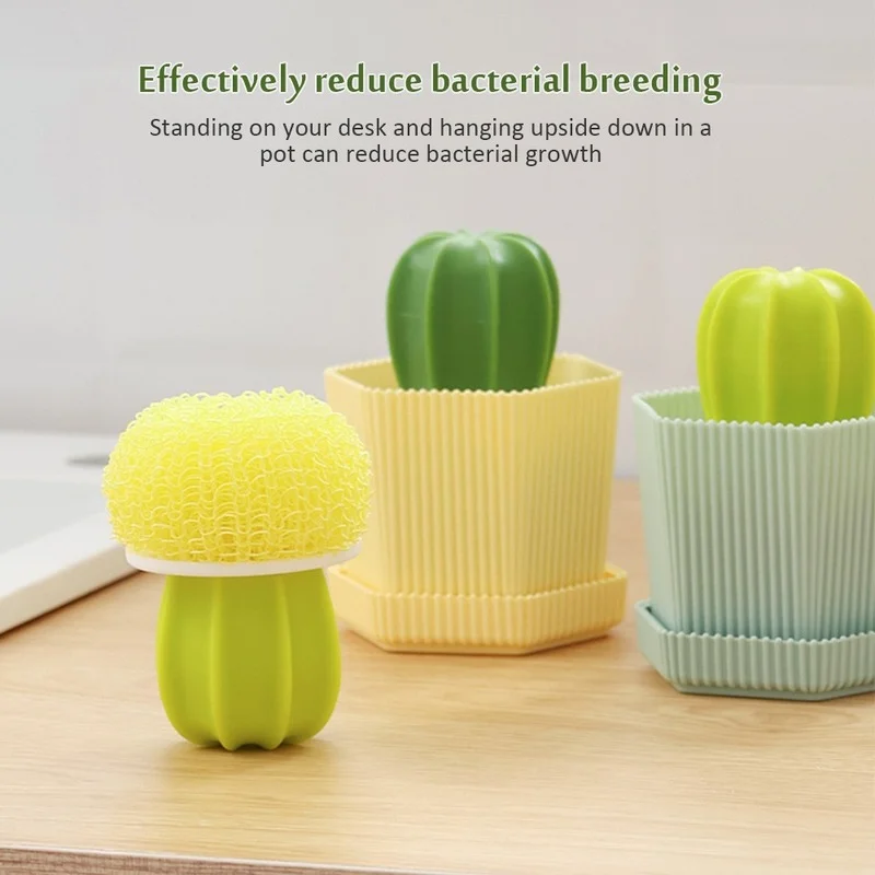 

Household Kitchen Cleaning Brush Cactus Dish Washing Brush Potted Pot Washing Brush with Handle Nano Cleaning Ball Convenient