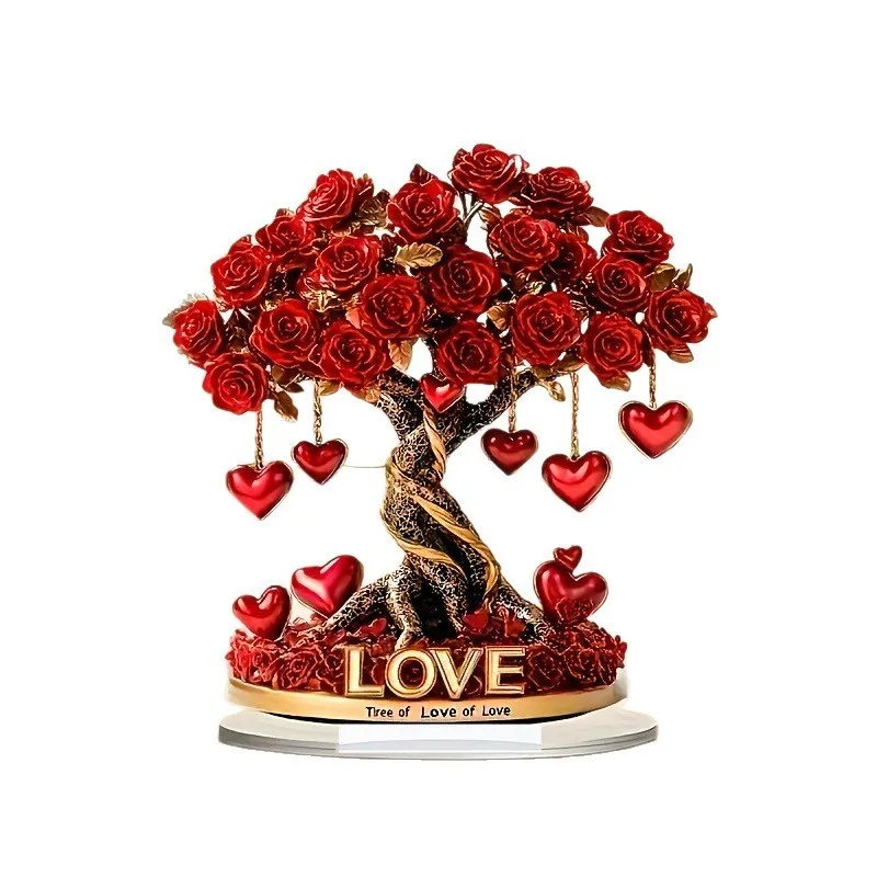 Love Rose Tree Decorative Valentine'S Day Ornament Acrylic Stand Romantic 2d Flat Acrylic For Bedroom Living Room Desktop