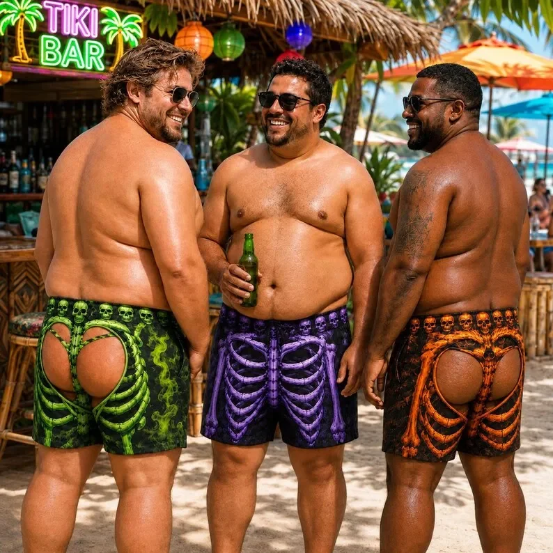 Personalized Skeleton Rib Swimsuit Playful Printed Beach Shorts Halloween Skeleton Men's Surfing Shorts Fun Thriller Swimsuit