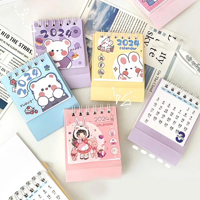 Mini Cute Cartoon Anime Girl Desk Calendário, Criativo, Mensal, Decoração de Escritório, Ano Novo, 1Pc, 2024