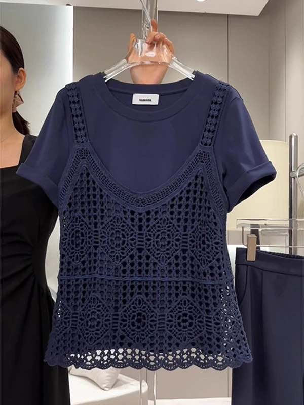 

Elegant Hollow out Knitted Vest And Short Sleeve T-Shirt Two Piece Set Spring Fashion Women's High End Brand Clothing