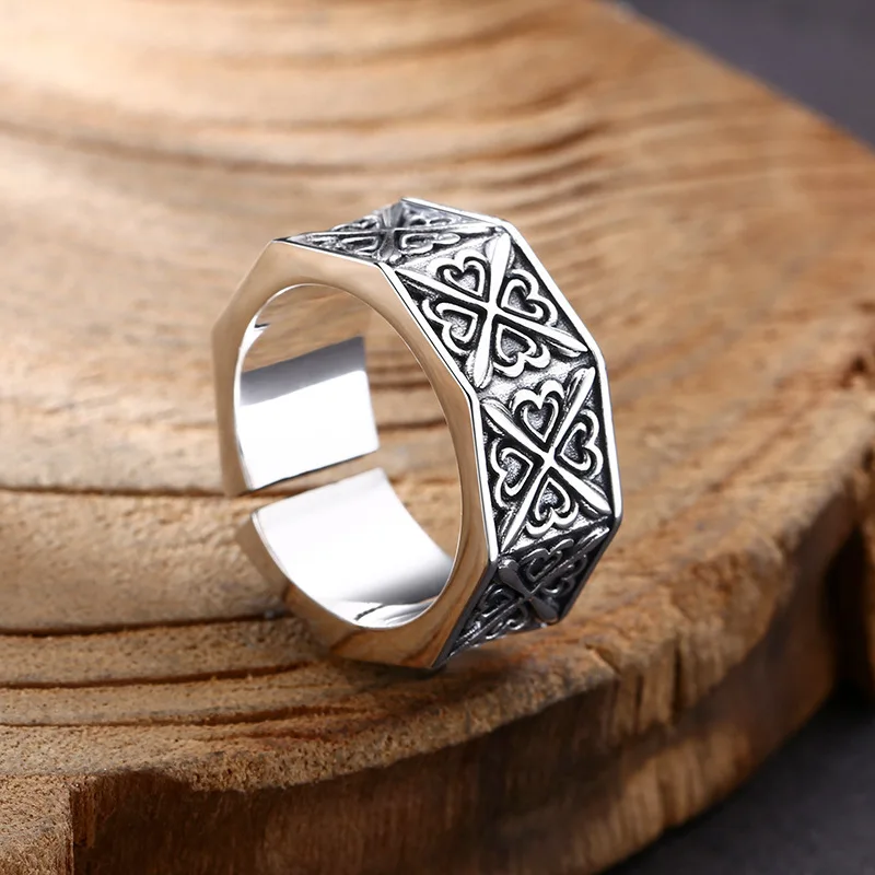 Wholesale 925 sterling silver rings with exquisite Tang grass pattern rings and open mouth Thai silver retro trendy personalized