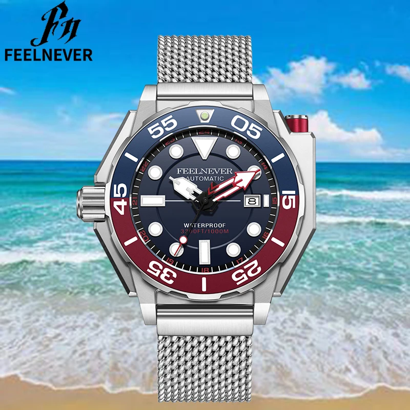 Fashion FeelNever Luxury Automatic Man Watch Waterproof Luminous Compass Mechanical Clocks Sports Diving Rotating Bezel Watches