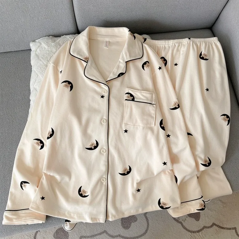 Sleepwear Women Cute Moon Star Bear Print Winter Thick Warm Loungewear Pajama Set Casual Sweet Kawaii 2 Piece Set Home Wear