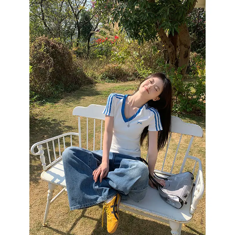 Frauen Kleidung Sommer Mode Lässig Gestreiften Farbe Blockieren V-ausschnitt Damen Damen Einfachheit Alle-spiel Erscheinen Dünne Kurzarm