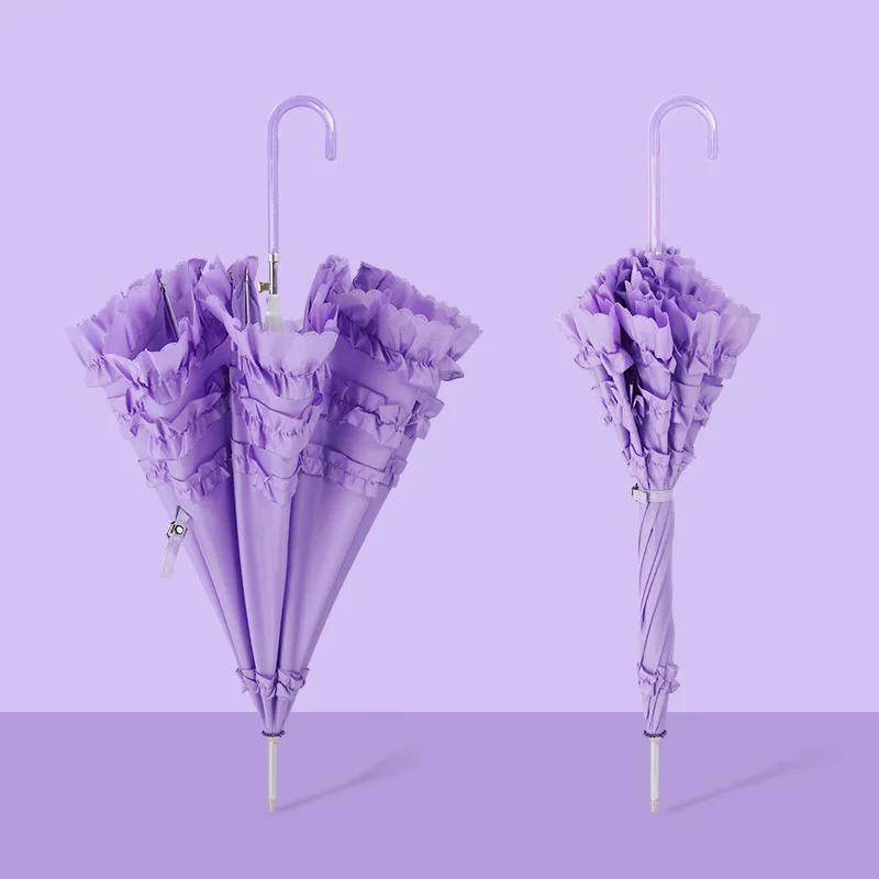 Lace Umbrella with Long Handle Semi-automatic Wedding Umbrellas Cute Princess Parasol, Gothic Lolita Marriage Large Umbrella