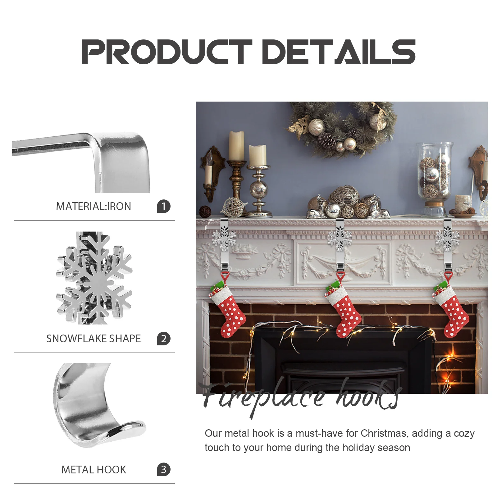

Xmas Mantel Hook Sturdy Iron Stocking Hanger for Fireplace Christmas Decoration Hanging Accessory Vintage Style Home Holiday