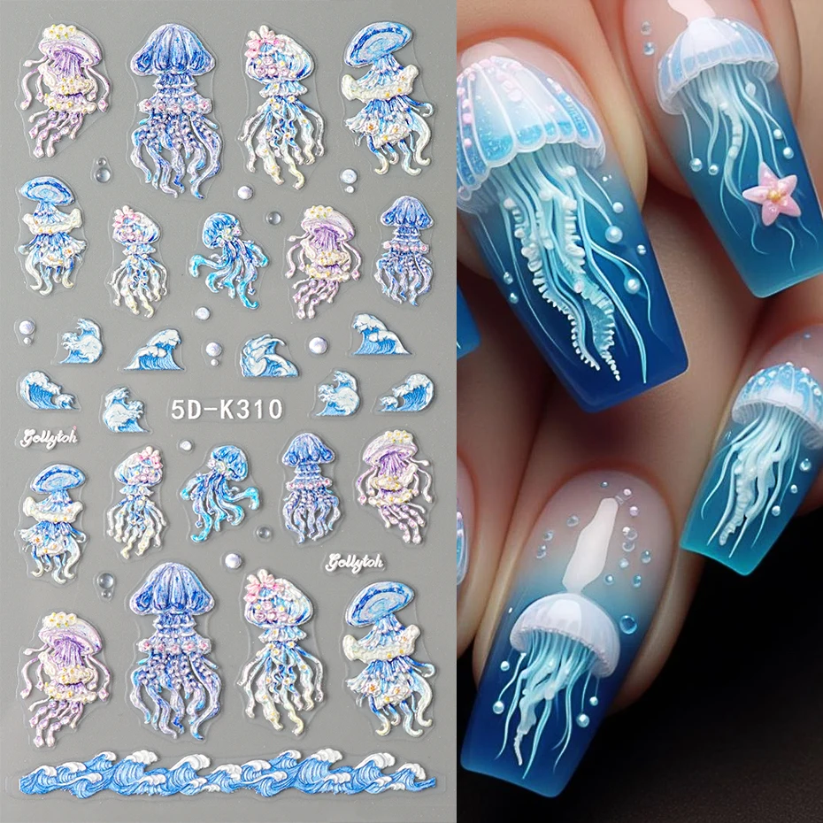 5D Nails Stickers Jellyfish Wave Shells Decals Marine Animals Design Art Decorations Self-Adhesive Slider Manicure Supplies