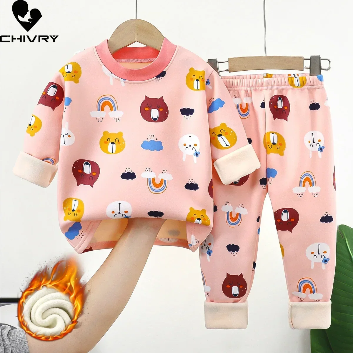 Pijamas gruesos y cálidos para niños y niñas, ropa de dormir de manga larga con dibujos animados, conjuntos de ropa de otoño e invierno, novedad de