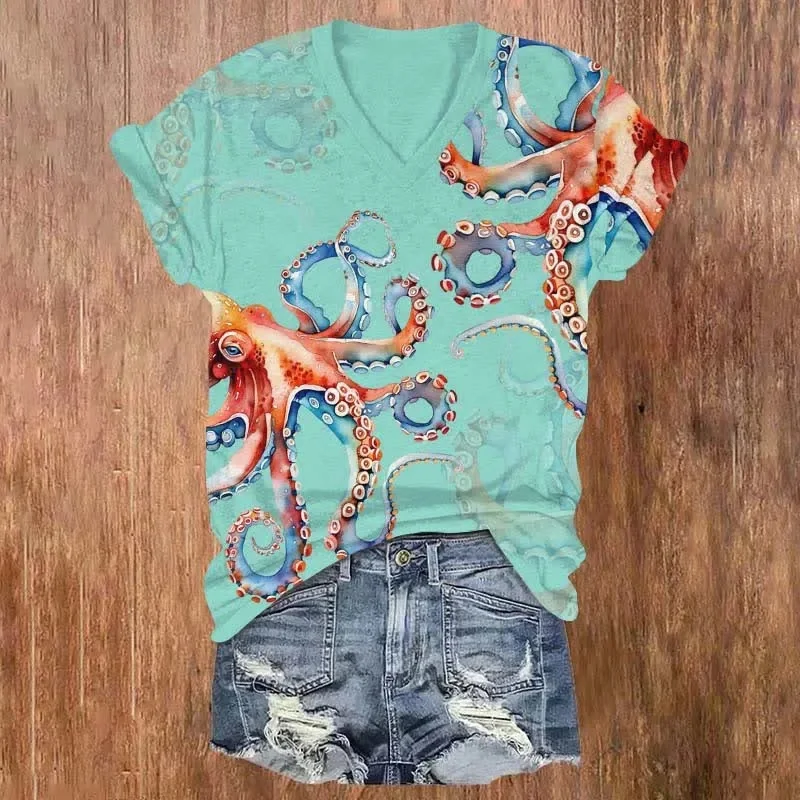 Japanese Colorful Octopus Art Print V-neck T-shirt Summer Women's T Shirts
