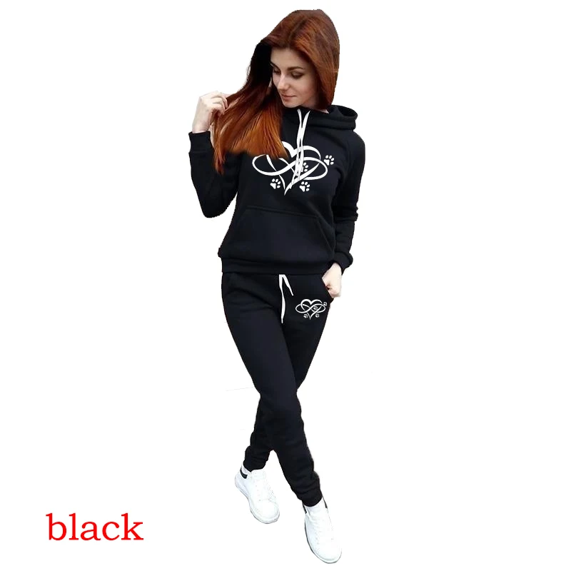 Super Cute Heart Cat Paw Print Tracksuit Women Suit Fleece Hoodies Casual Sports Set Long Sleeved Sweater Trousers Sportswear