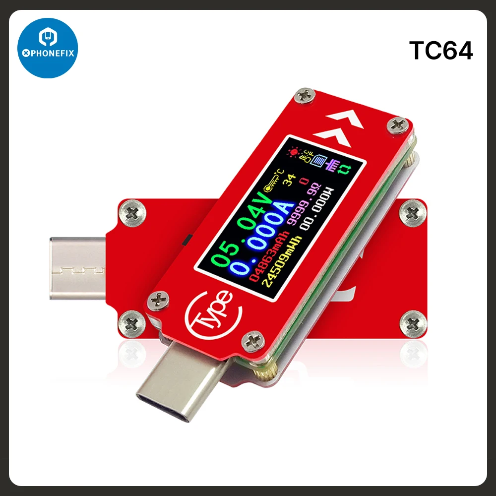 

Мини-мультиметр RD TC64 с разъемом Type-C, цветной, 0,96 дюйма, ЖК-дисплей, USB, вольтметр, амперметр, измеритель напряжения и тока, тестер