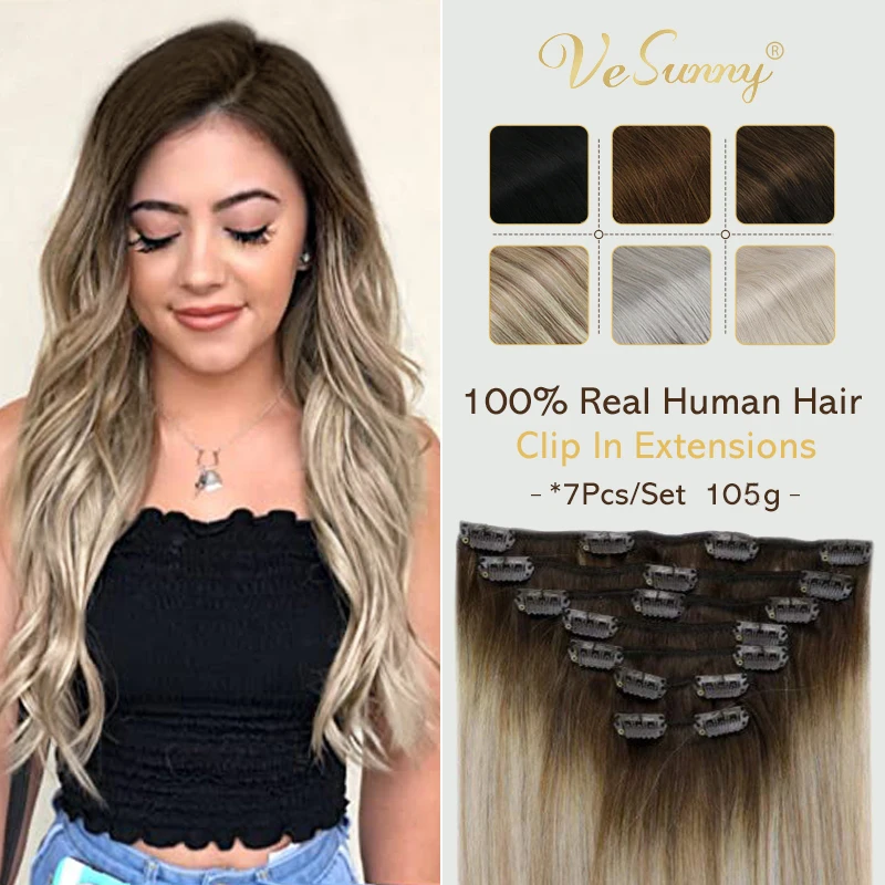 VeSunny Clip In Hair Extensions Human Hair  Weft Brazilian Hair  Remy Hair Full Head Silky Straight Clip In Hair Extensions