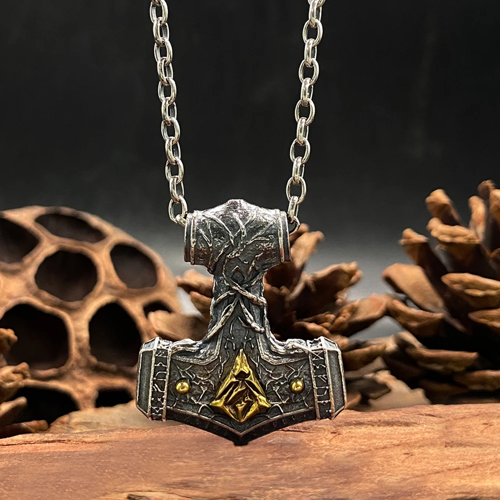 

Серебряное ожерелье Мьёльнир 925 пробы для мужчин | Кулон-молот викингов с рунами и четырьмя элементами, языческий талисман