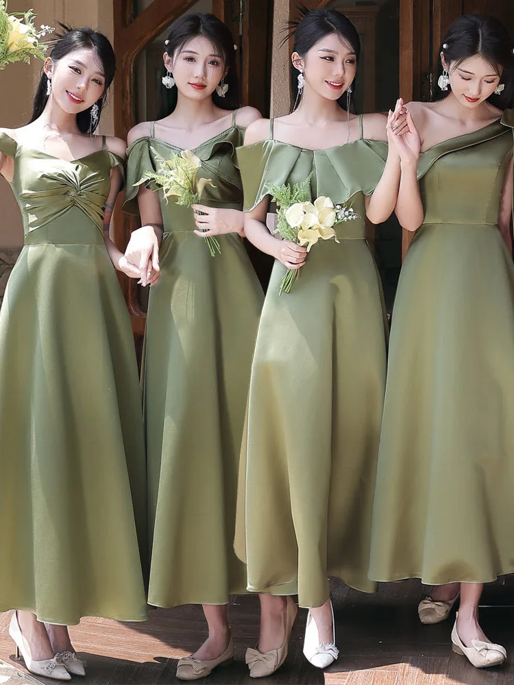 

Зеленое платье подружки невесты, женские легкие роскошные атласные вечерние платья трапециевидной формы, летние банкетные вечерние платья без рукавов на бретельках