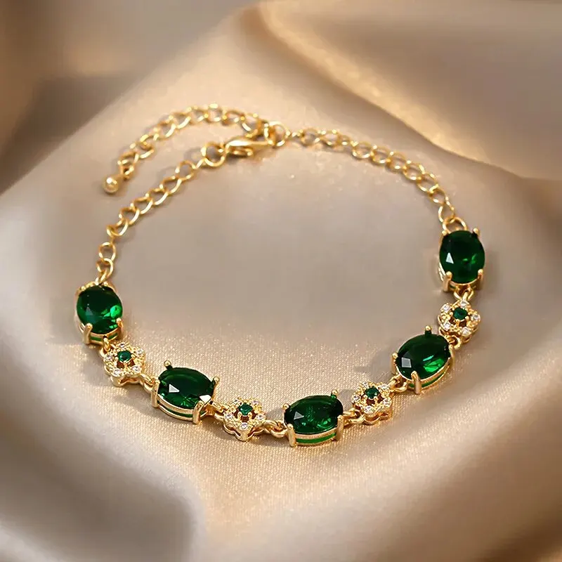 Luxury Green Rhinestone Crystal Bracelet Gold Color Link Chain Bracelets For Women Vintage Party Wedding Bridal Jewelry Gifts