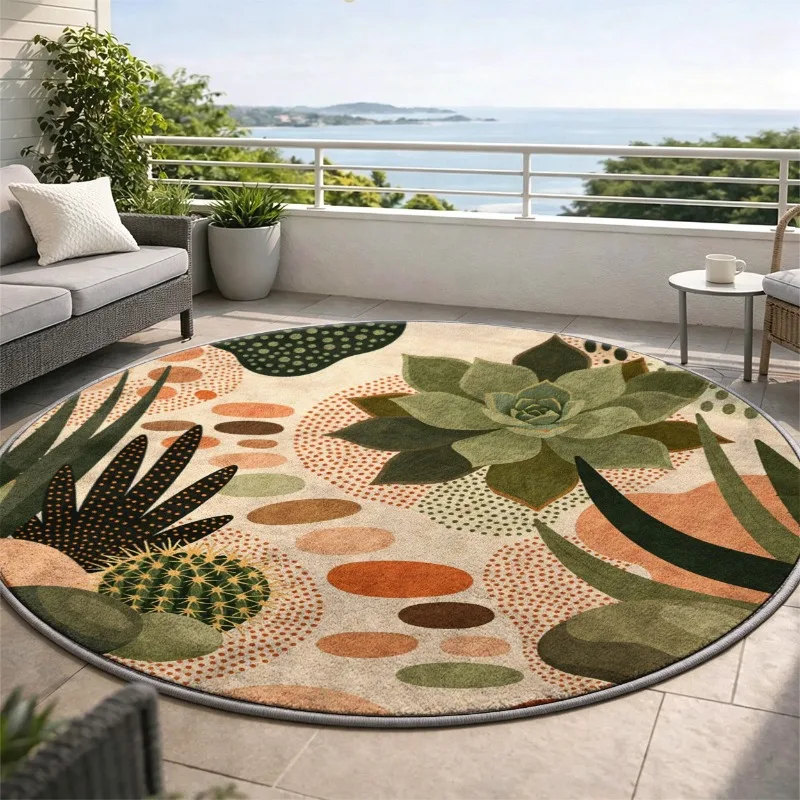 Succulent Cactus Round Carpet Bohemian Desert Plant Abstract Dot Pattern Round Floor Carpet for Indoor Home Decor Round Carpet