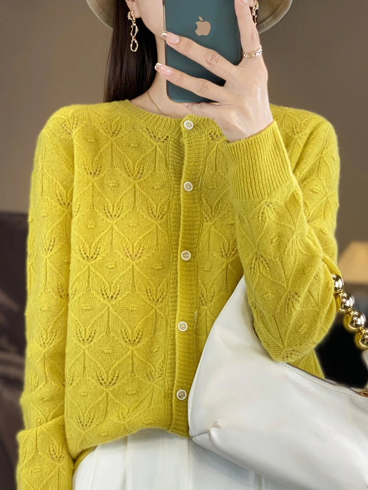 Women Sweater 100% Merino Wool Cardigans O-neck Hollow Out Cashmere Soft Long Sleeve Knitwear Spring Autumn Female Clothing Tops