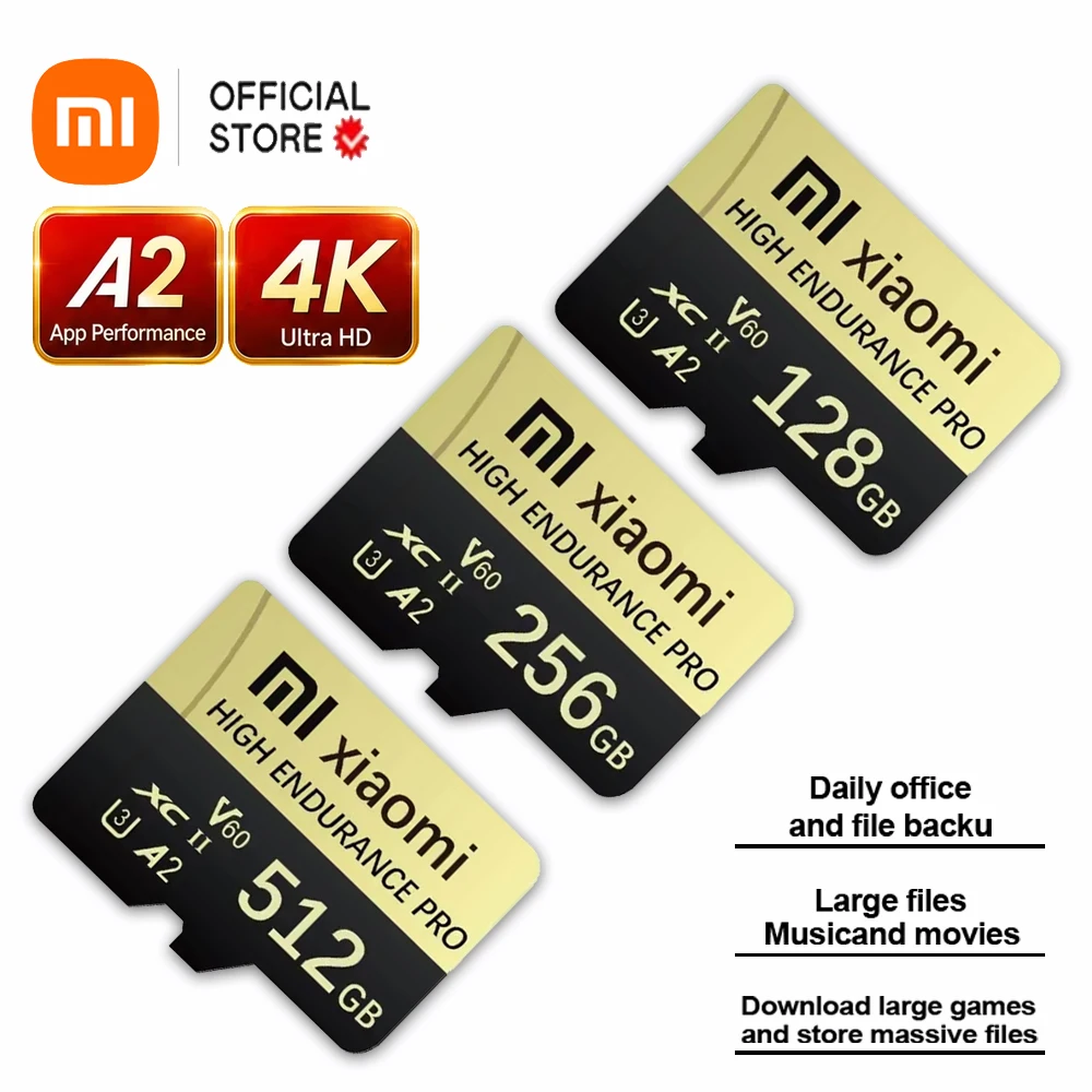 Cartão de Memória SD de Alta Velocidade Xiaomi A2 V60 para Jogos, Cartão Micro TF 128GB 256GB 512GB para Câmera Mijia e Dispositivos de Vigilância
