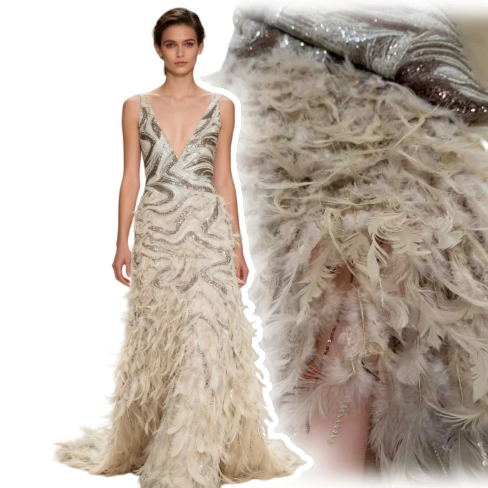 

Haute Luxury Handmade 3D Feather Applique Design Fashion African Beaded Net Lace French Fabric Net Lace Evening Dress AH1809