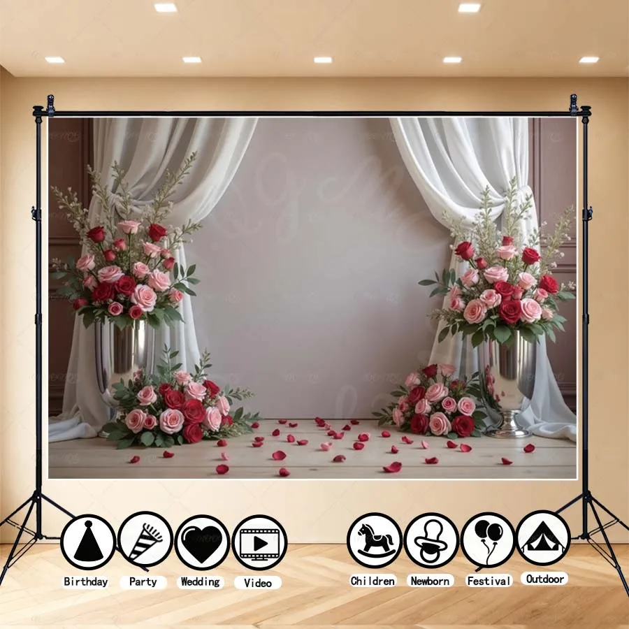 

MOON.QG Retro Valentine's Day Kitchen Backgrounds For Photographs Cabinetry Heart Floral Centerpieces Backdrop Couple Photozone