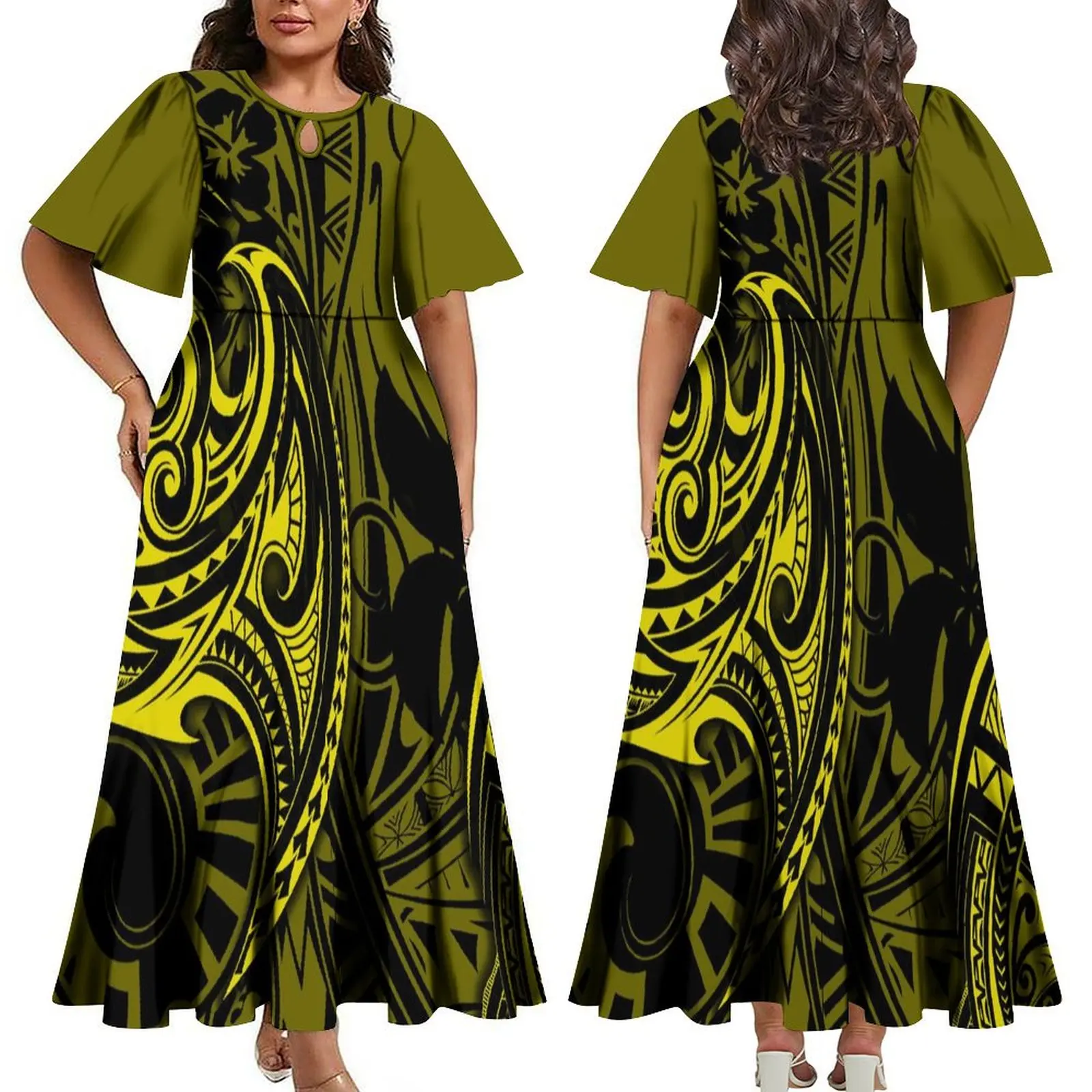 2024 Pacific Island Art atmungsaktiv o Kragen langes Kleid großes 6xl aus geschnittenes Trompetenärmel-Party kleid