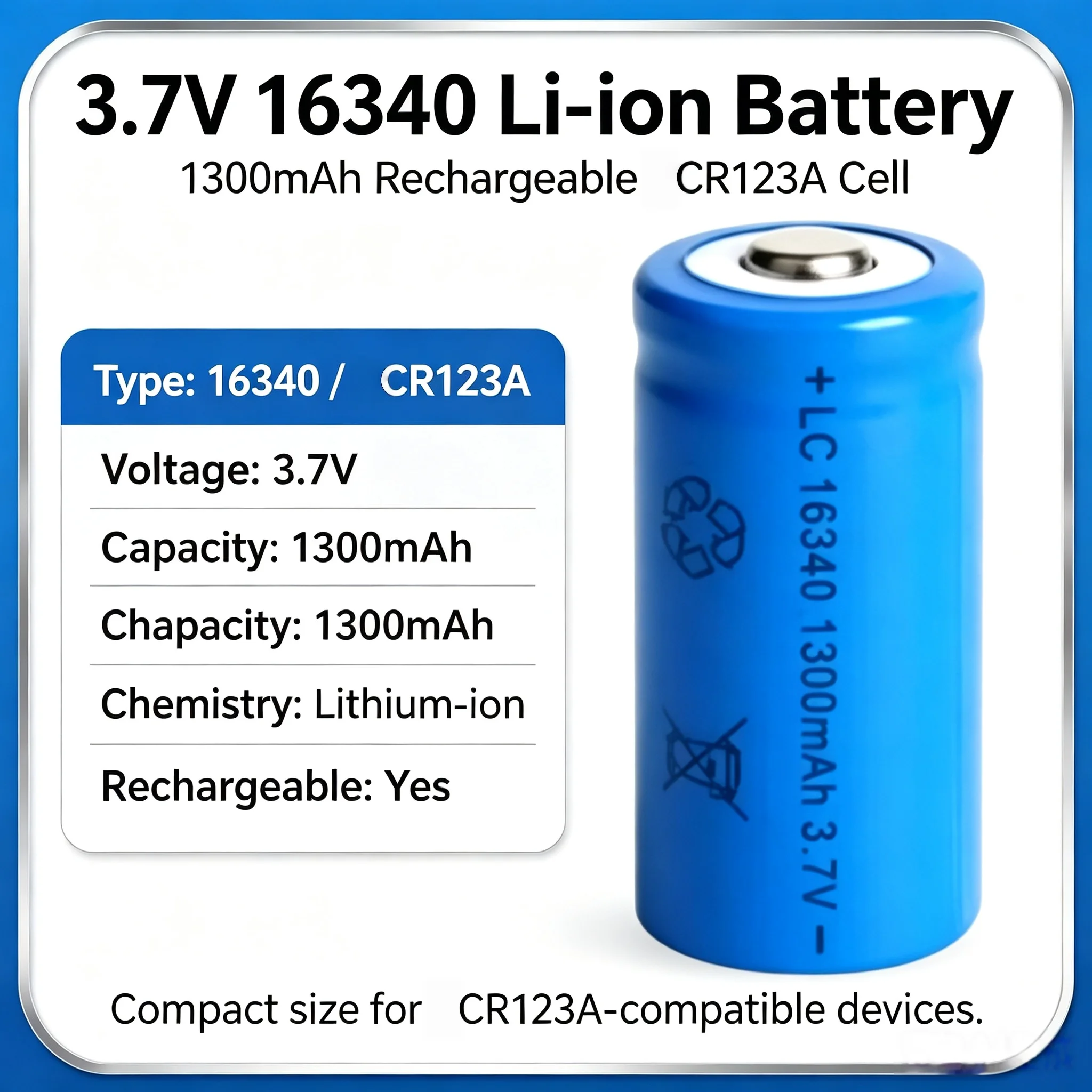 16340 CR123A Rechargeable Battery 3.7V 5800mAh Li-ion With Wall Charger for LED Flashlights, Travel, Emergency Kits
