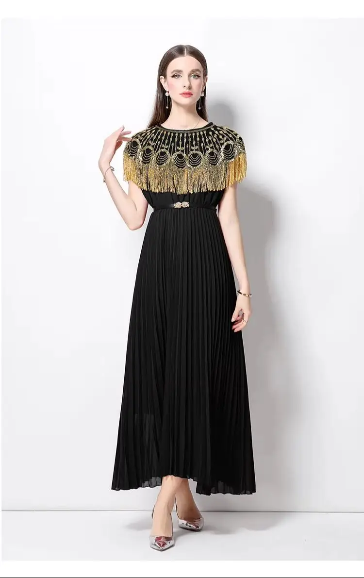 

Summer Luxury Women's Long Chiffon Dress Crystal Beading Ruffle Sleeve Loose Big Size Evening Party Pleated Gown