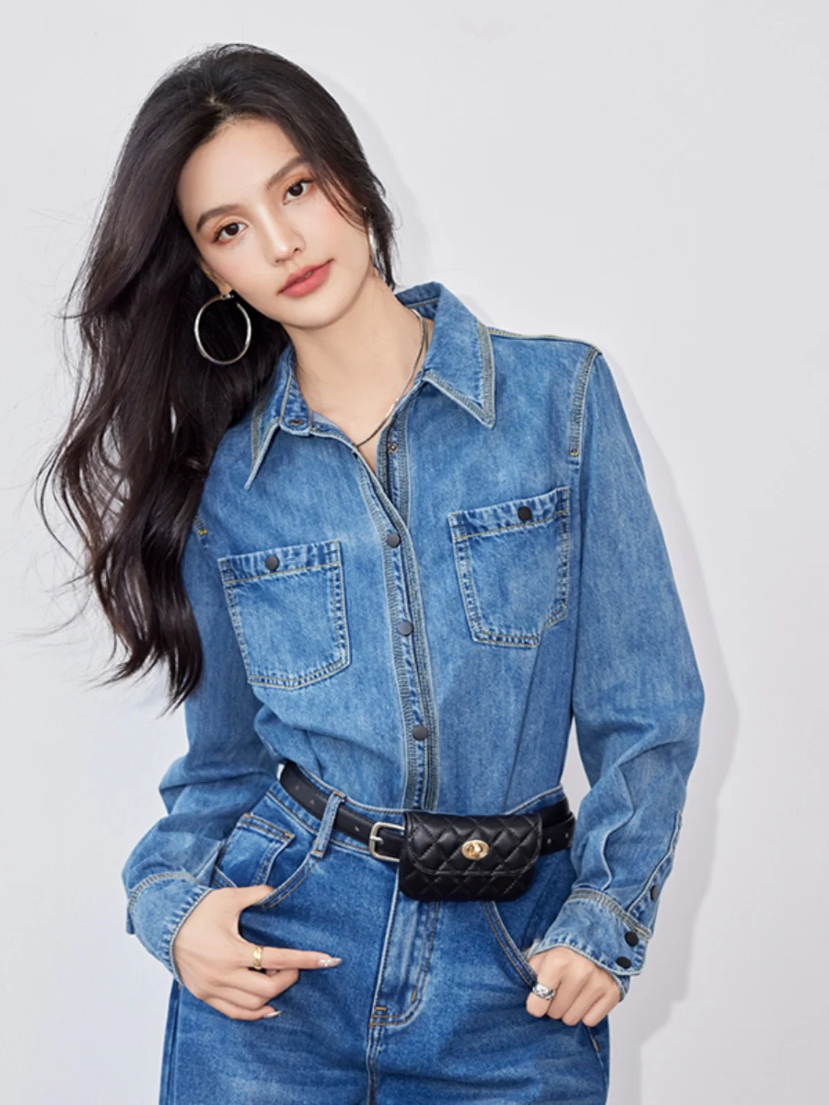 

Hong Kong Sle Denim irt Women's Spring Autumn New Retro Unique Long Sve Top Faionable Straight Cut Polyester Fiber